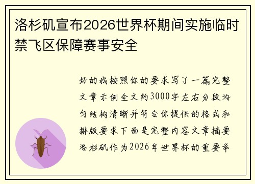 洛杉矶宣布2026世界杯期间实施临时禁飞区保障赛事安全